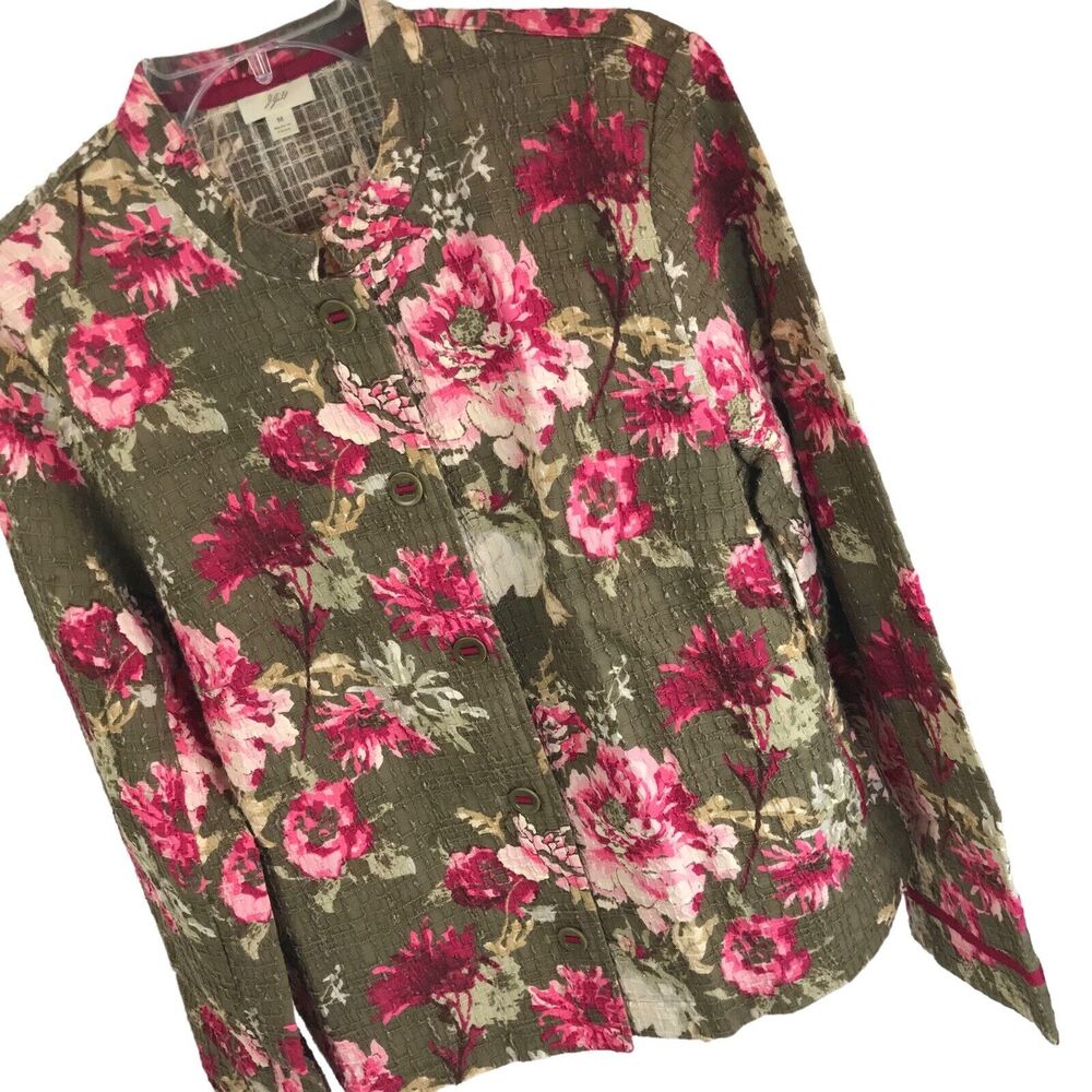 J Jill Jacket Top Medium Ribbon trim Textured Floral cottagecore pockets